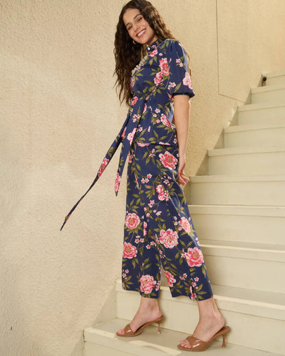 Navy Floral Pure Cotton Shirt Collar Co-Ord Set with Trousers