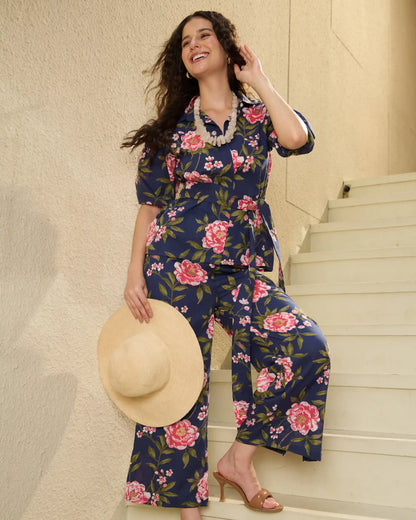 Navy Floral Pure Cotton Shirt Collar Co-Ord Set with Trousers