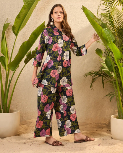 Navy Floral Pure Cotton Top & Trouser Co-Ord Set