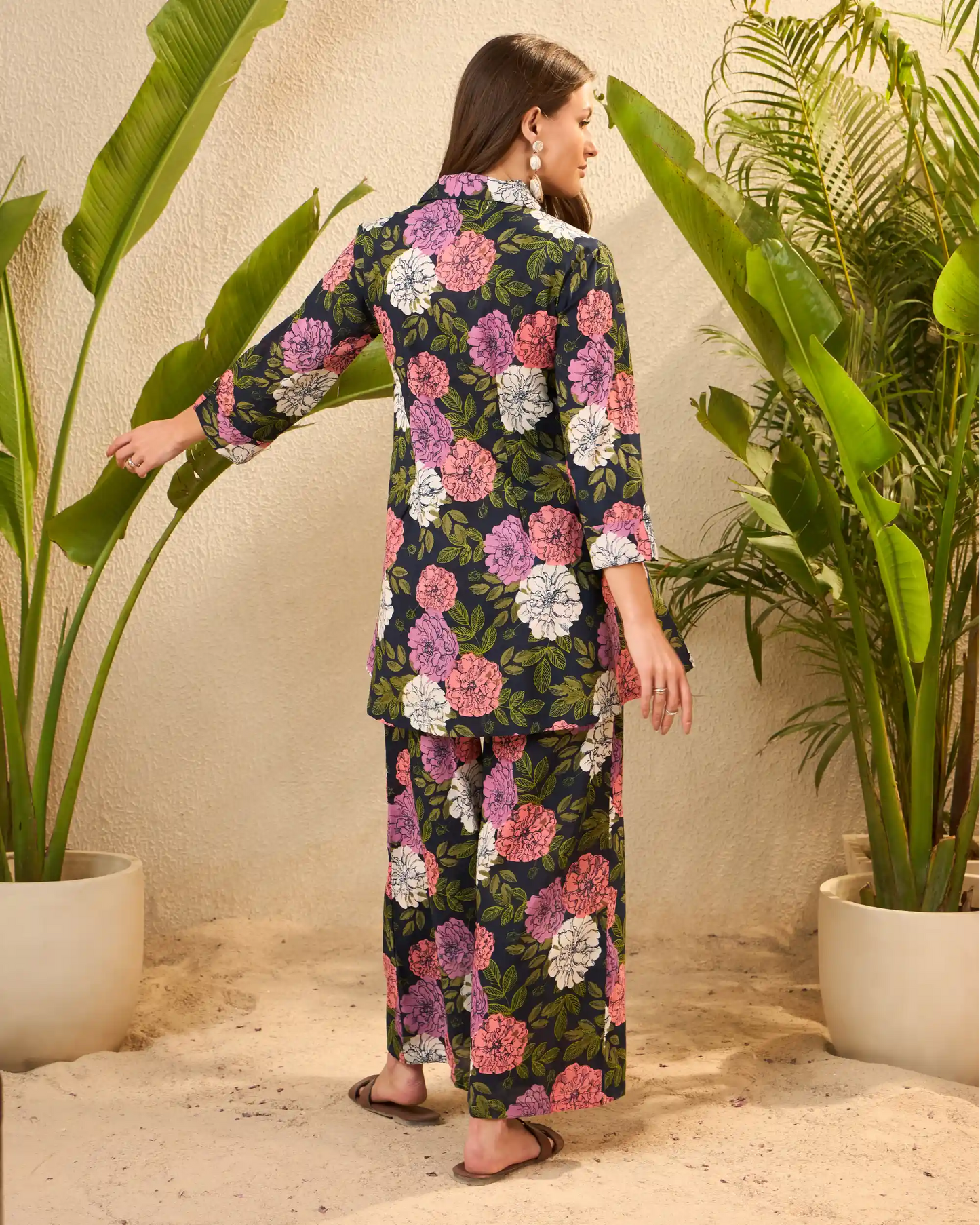 Navy Floral Pure Cotton Top & Trouser Co-Ord Set