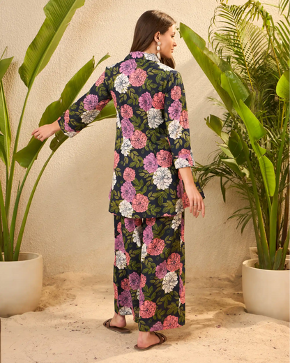 Navy Floral Pure Cotton Top & Trouser Co-Ord Set