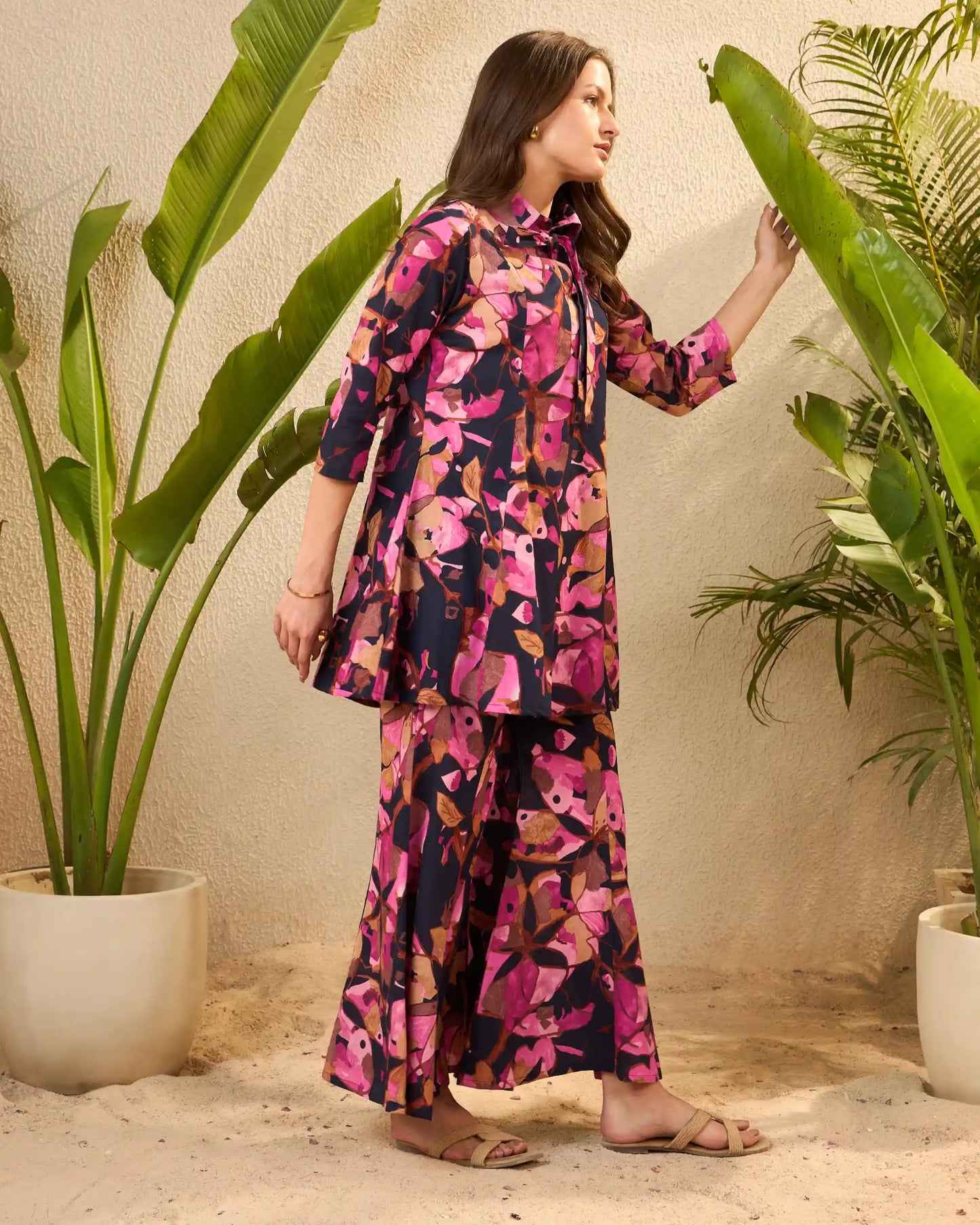 Navy Floral Pure Cotton Tunic & Palazzo Co-Ord Set