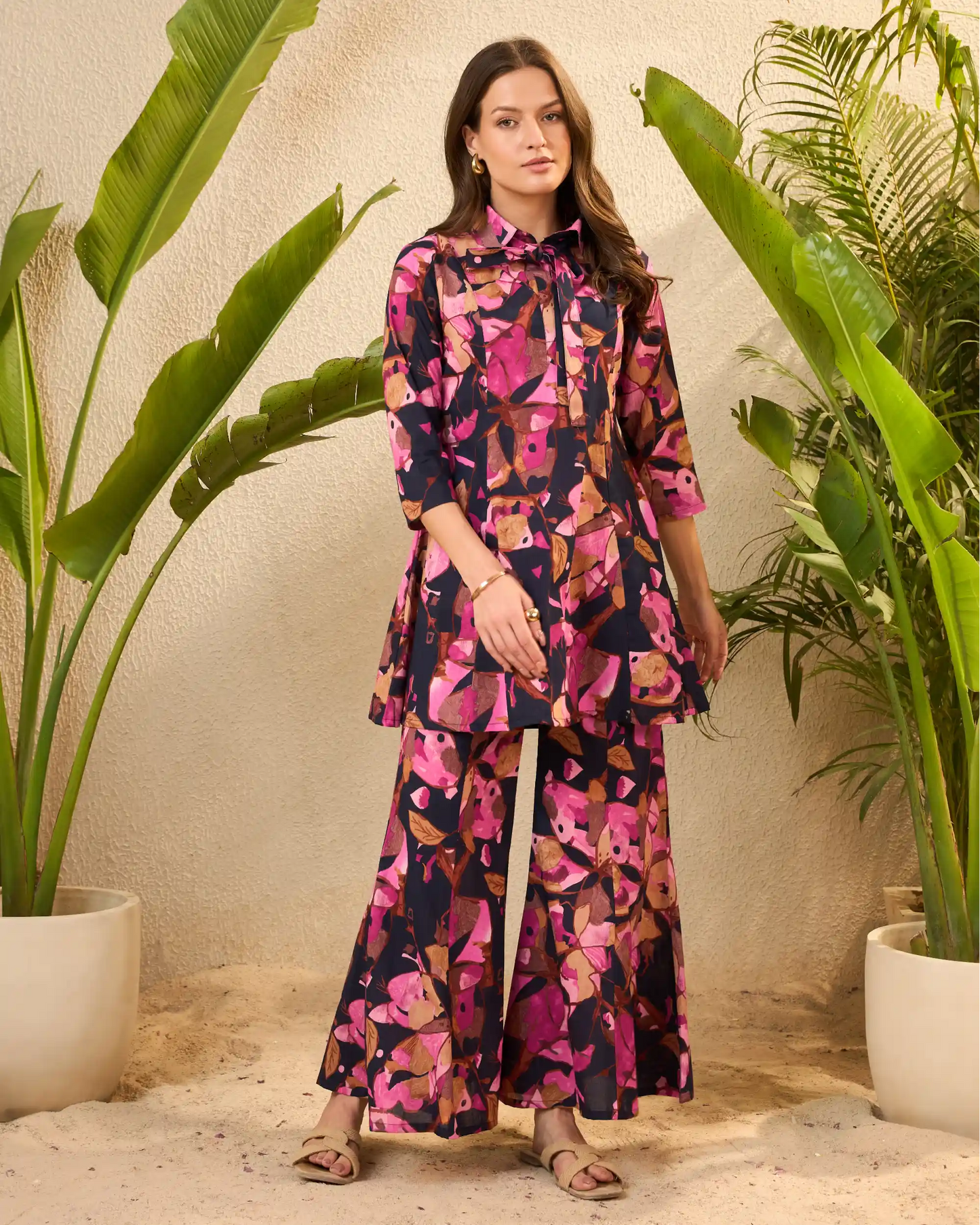 Navy Floral Pure Cotton Tunic & Palazzo Co-Ord Set