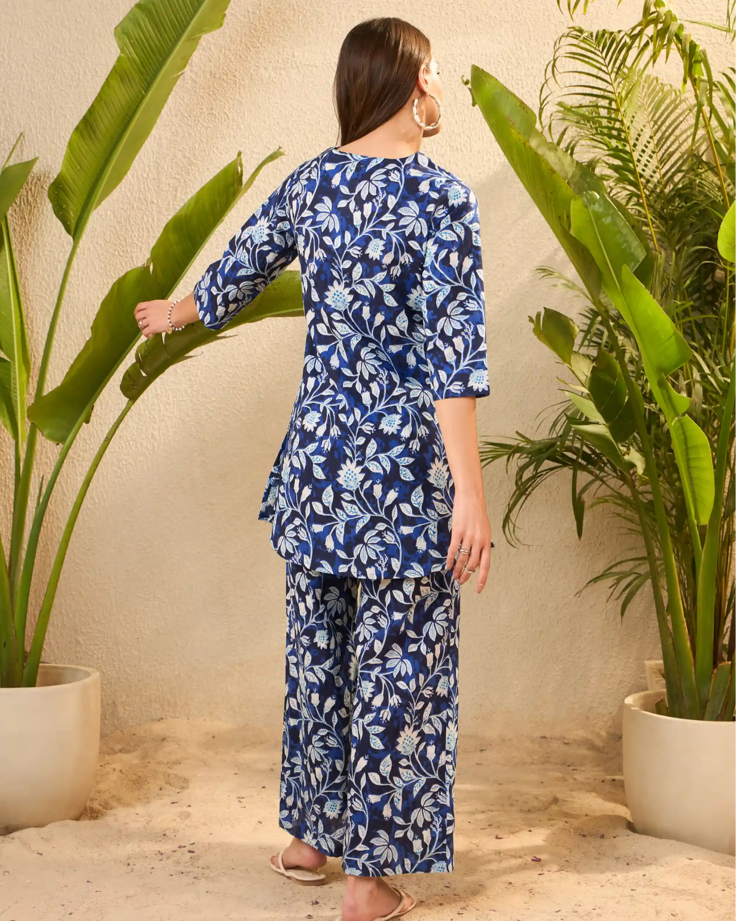 Navy Floral Pure Cotton Notch Neck Top & Palazzo Co-Ord Set