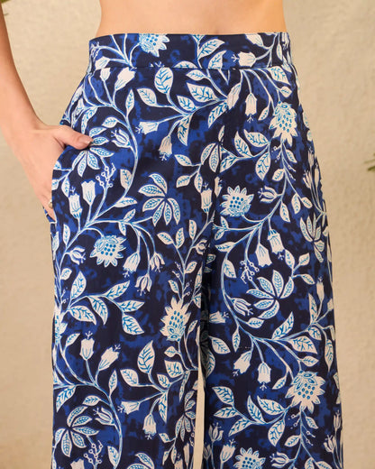 Navy Floral Pure Cotton Notch Neck Top & Palazzo Co-Ord Set