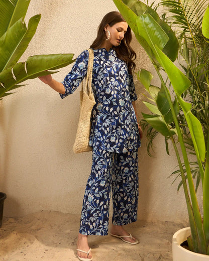 Navy Floral Pure Cotton Notch Neck Top & Palazzo Co-Ord Set