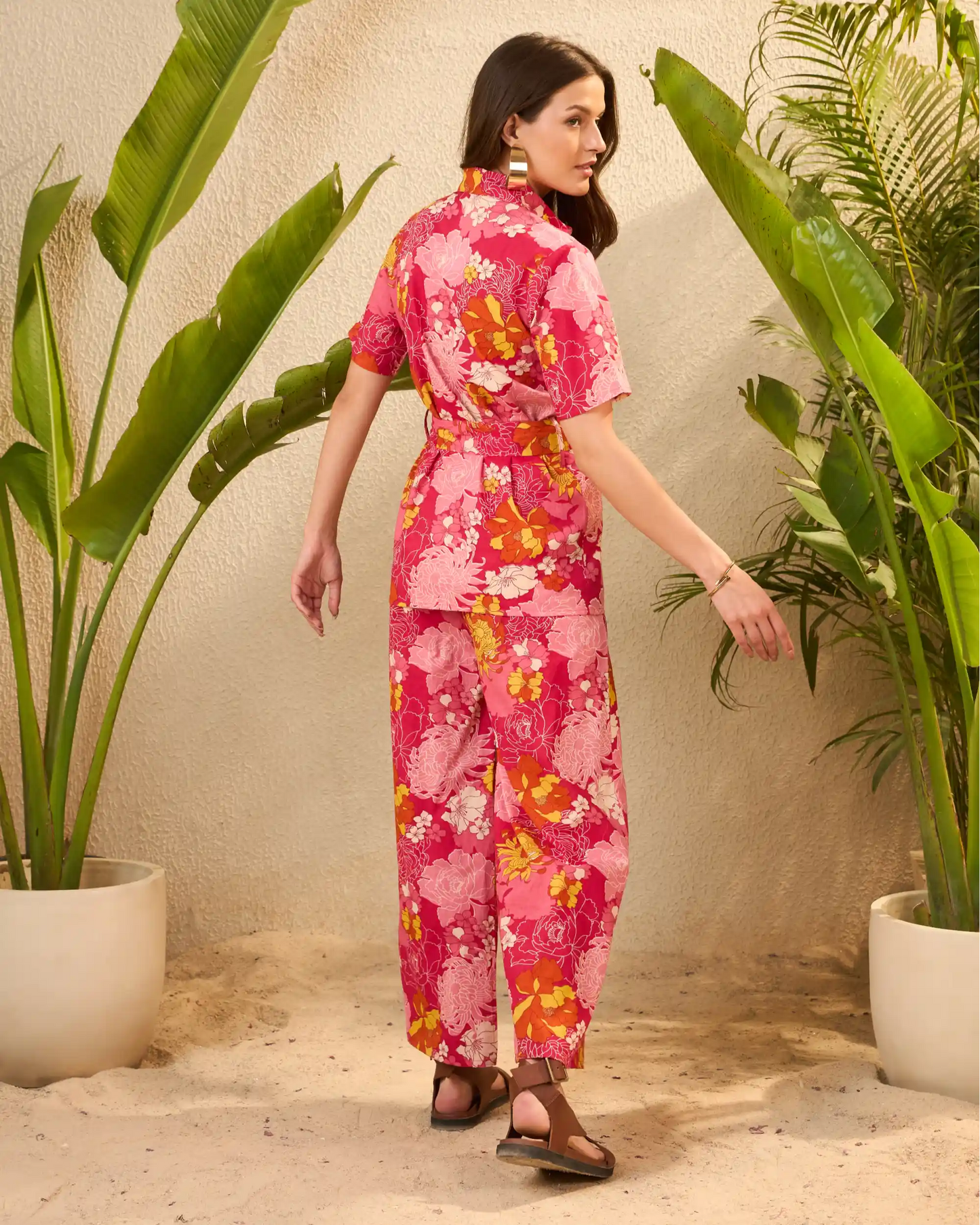 IMANA Pink Floral Printed Pure Cotton Shirt & Trousers Co-Ord Set