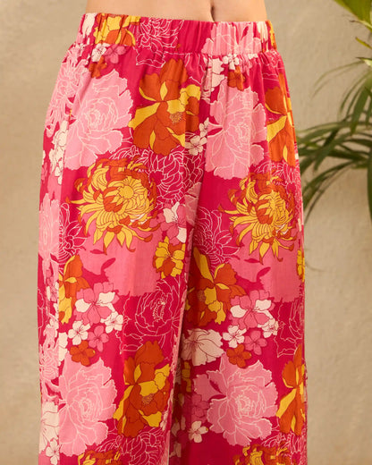 IMANA Pink Floral Printed Pure Cotton Shirt & Trousers Co-Ord Set