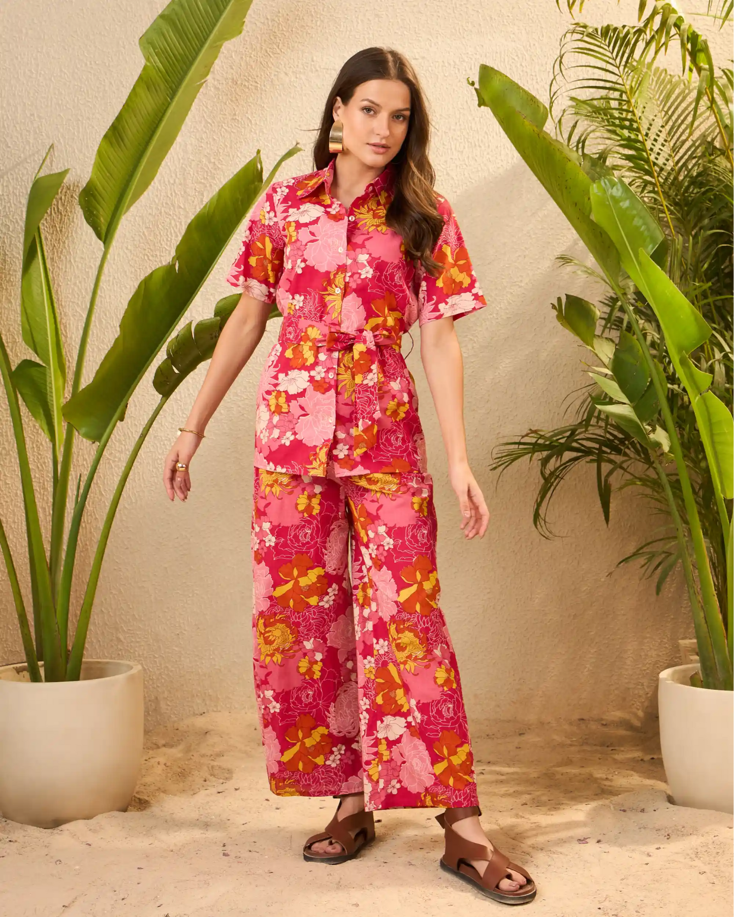 IMANA Pink Floral Printed Pure Cotton Shirt & Trousers Co-Ord Set