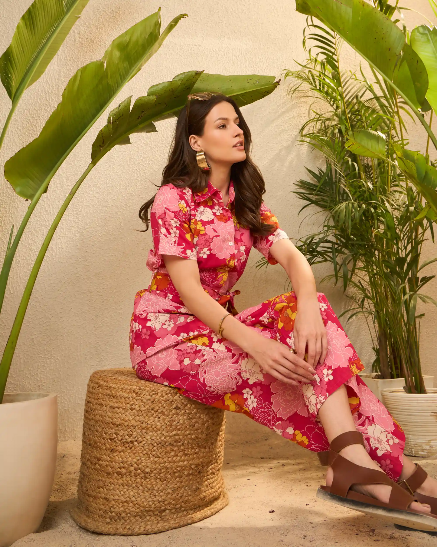 IMANA Pink Floral Printed Pure Cotton Shirt & Trousers Co-Ord Set