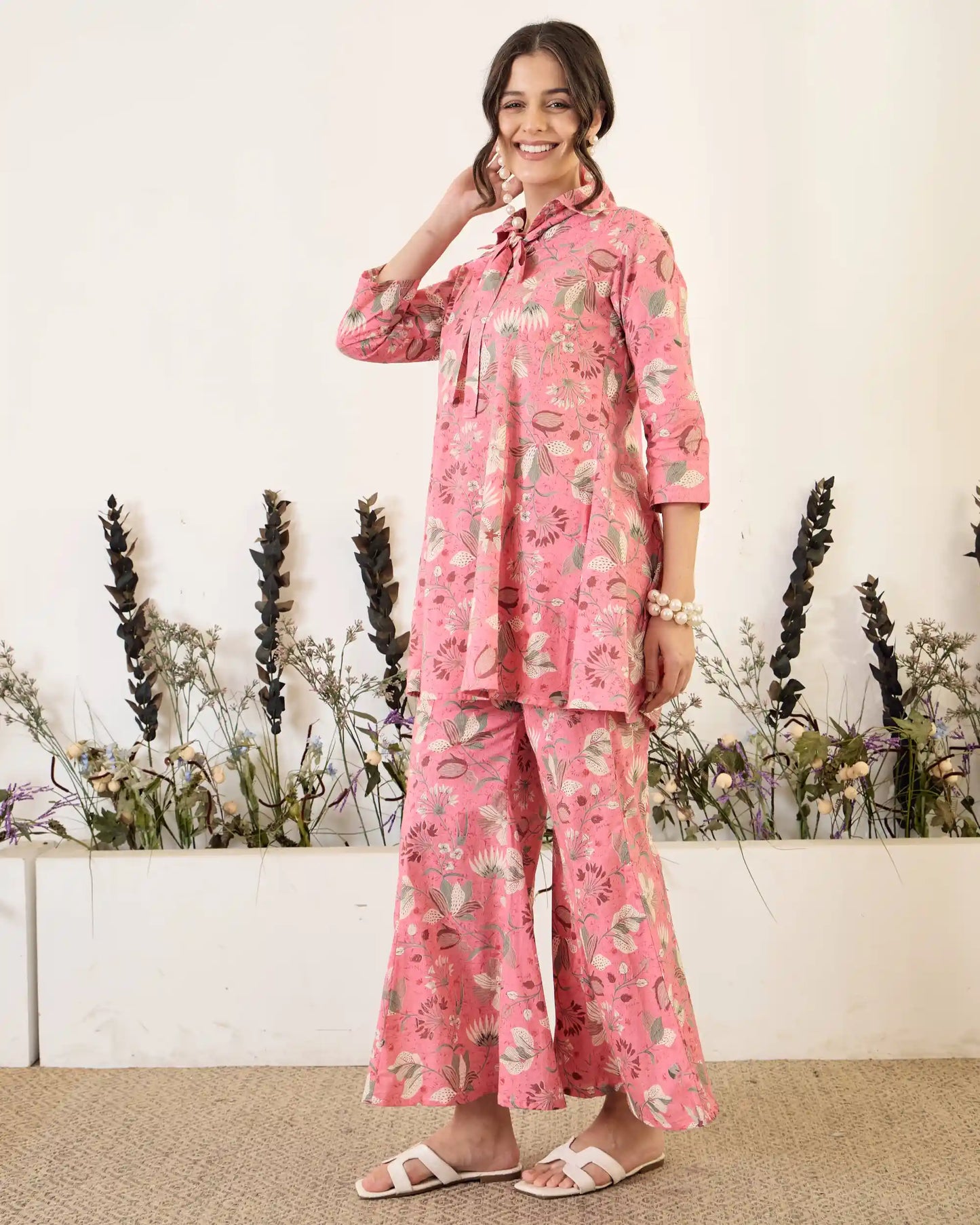 Pink Floral Pure Cotton Collar Neck Tunic & Palazzo Co-Ord Set