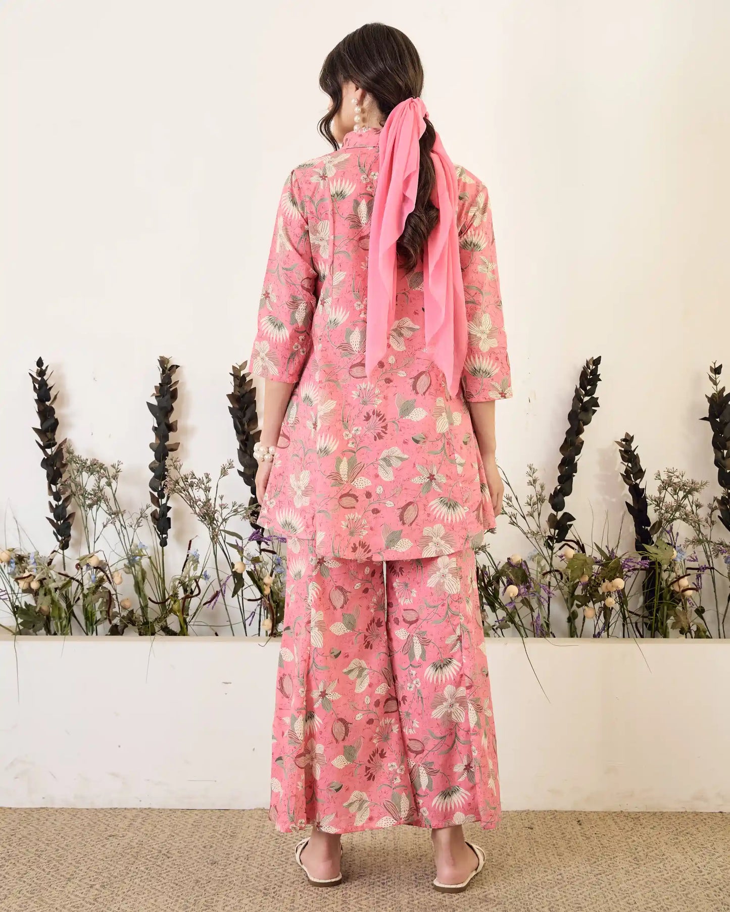 Pink Floral Pure Cotton Collar Neck Tunic & Palazzo Co-Ord Set