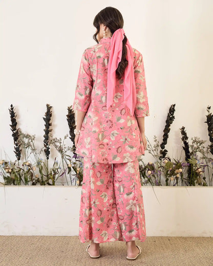 Pink Floral Pure Cotton Collar Neck Tunic & Palazzo Co-Ord Set
