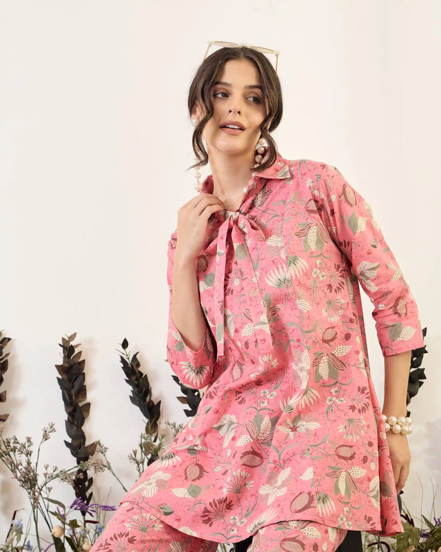 Pink Floral Pure Cotton Collar Neck Tunic & Palazzo Co-Ord Set