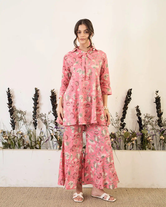 Pink Floral Pure Cotton Collar Neck Tunic & Palazzo Co-Ord Set