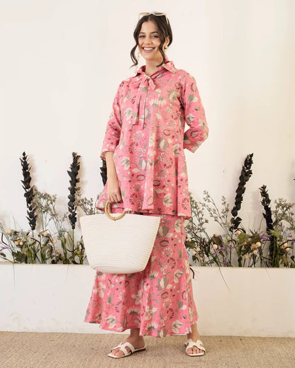 Pink Floral Pure Cotton Collar Neck Tunic & Palazzo Co-Ord Set