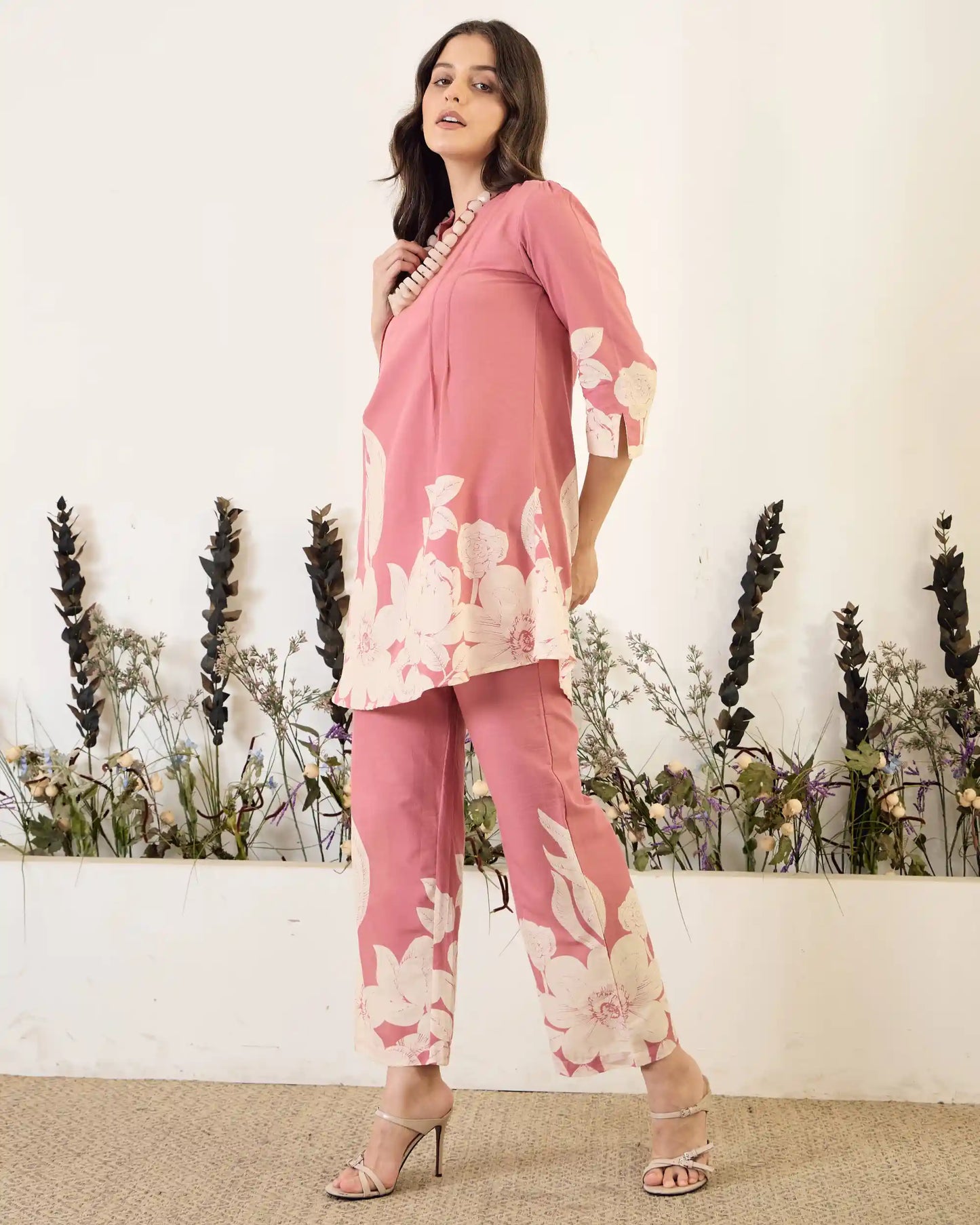 Pink Floral Pure Cotton Mandarin Neck Tunic & Ankle Pant Set