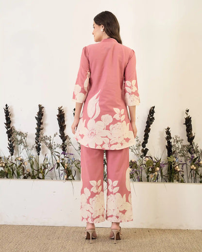 Pink Floral Pure Cotton Mandarin Neck Tunic & Ankle Pant Set
