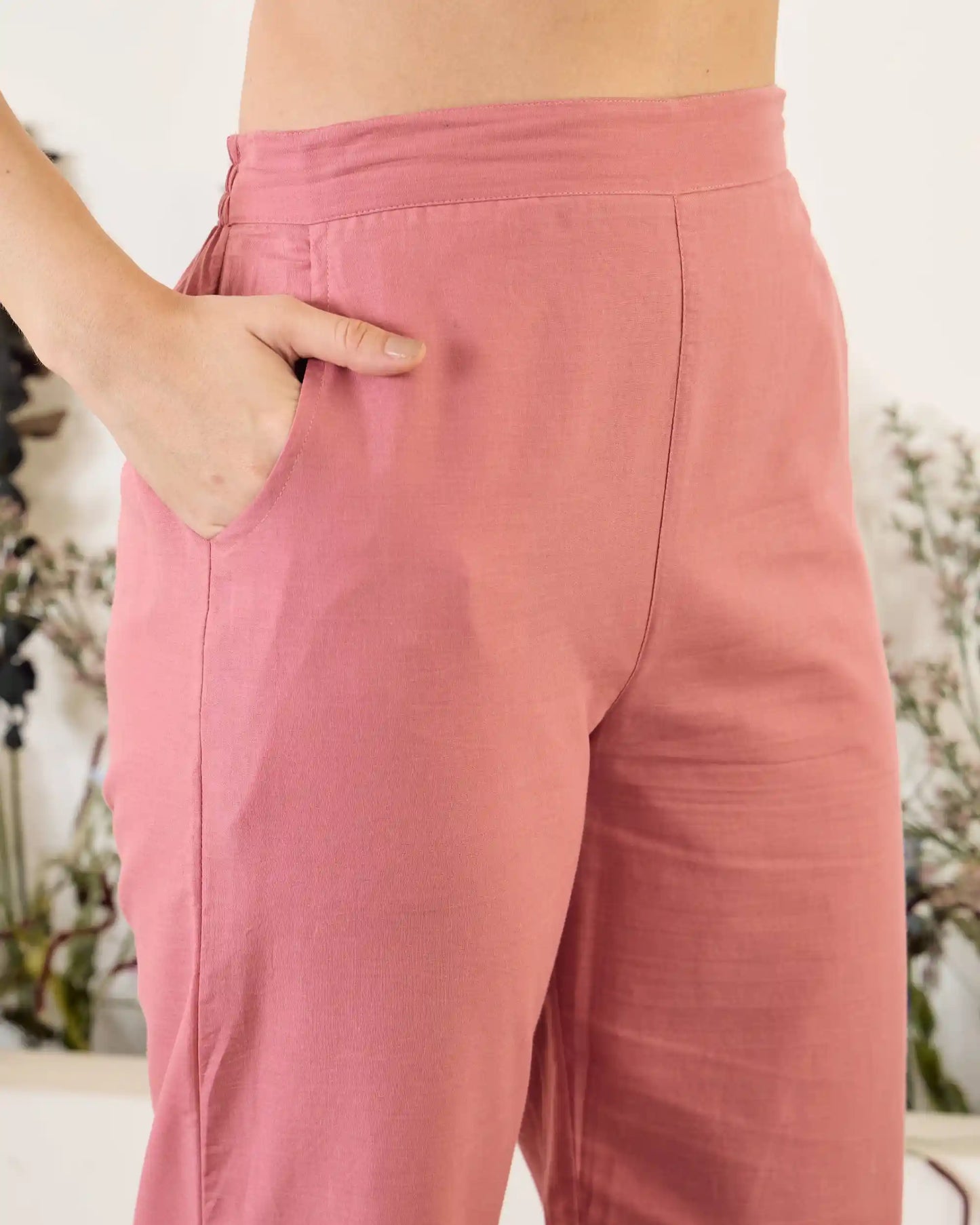 Pink Floral Pure Cotton Mandarin Neck Tunic & Ankle Pant Set