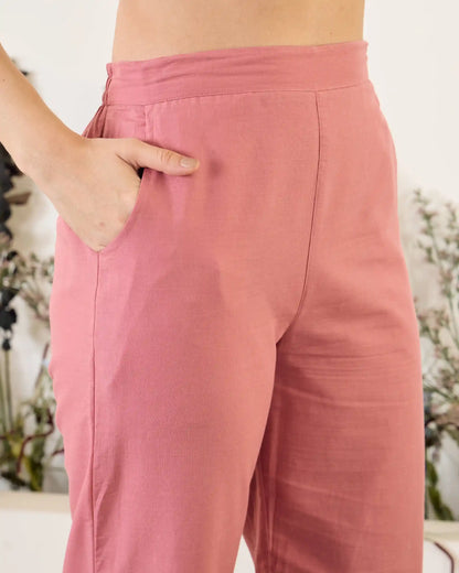 Pink Floral Pure Cotton Mandarin Neck Tunic & Ankle Pant Set