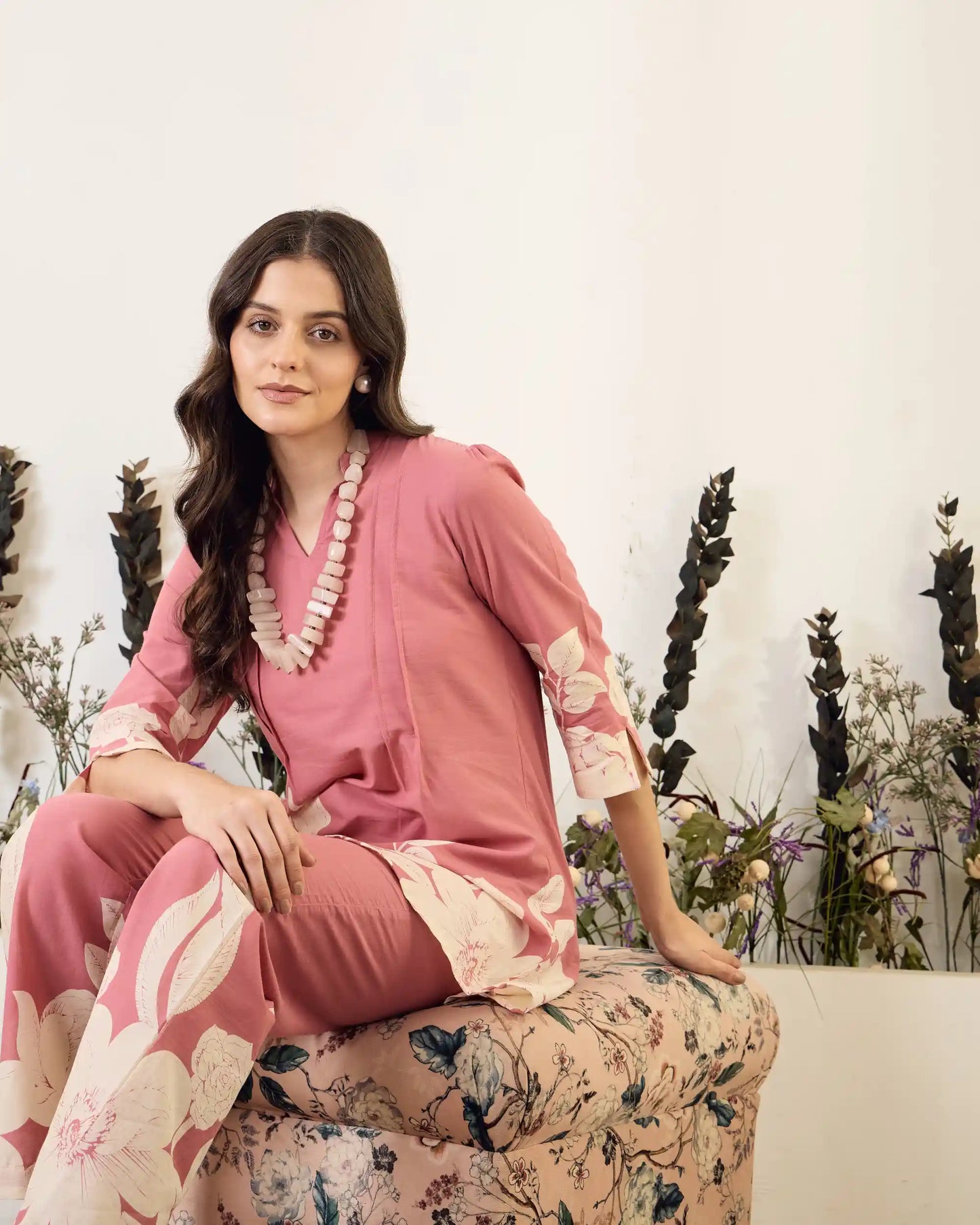 Pink Floral Pure Cotton Mandarin Neck Tunic & Ankle Pant Set