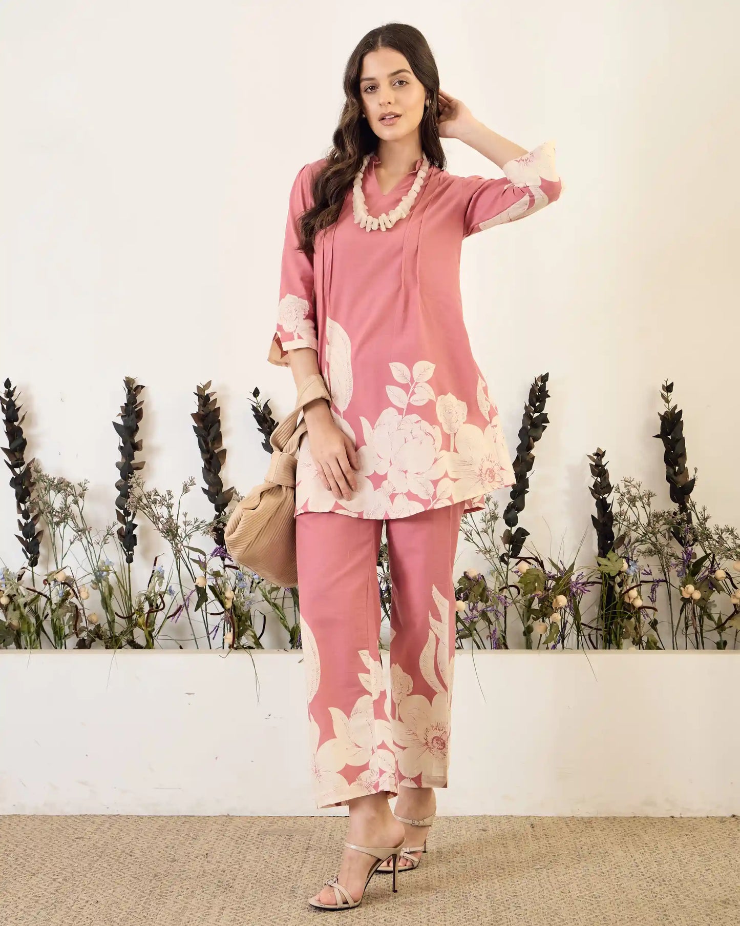 Pink Floral Pure Cotton Mandarin Neck Tunic & Ankle Pant Set