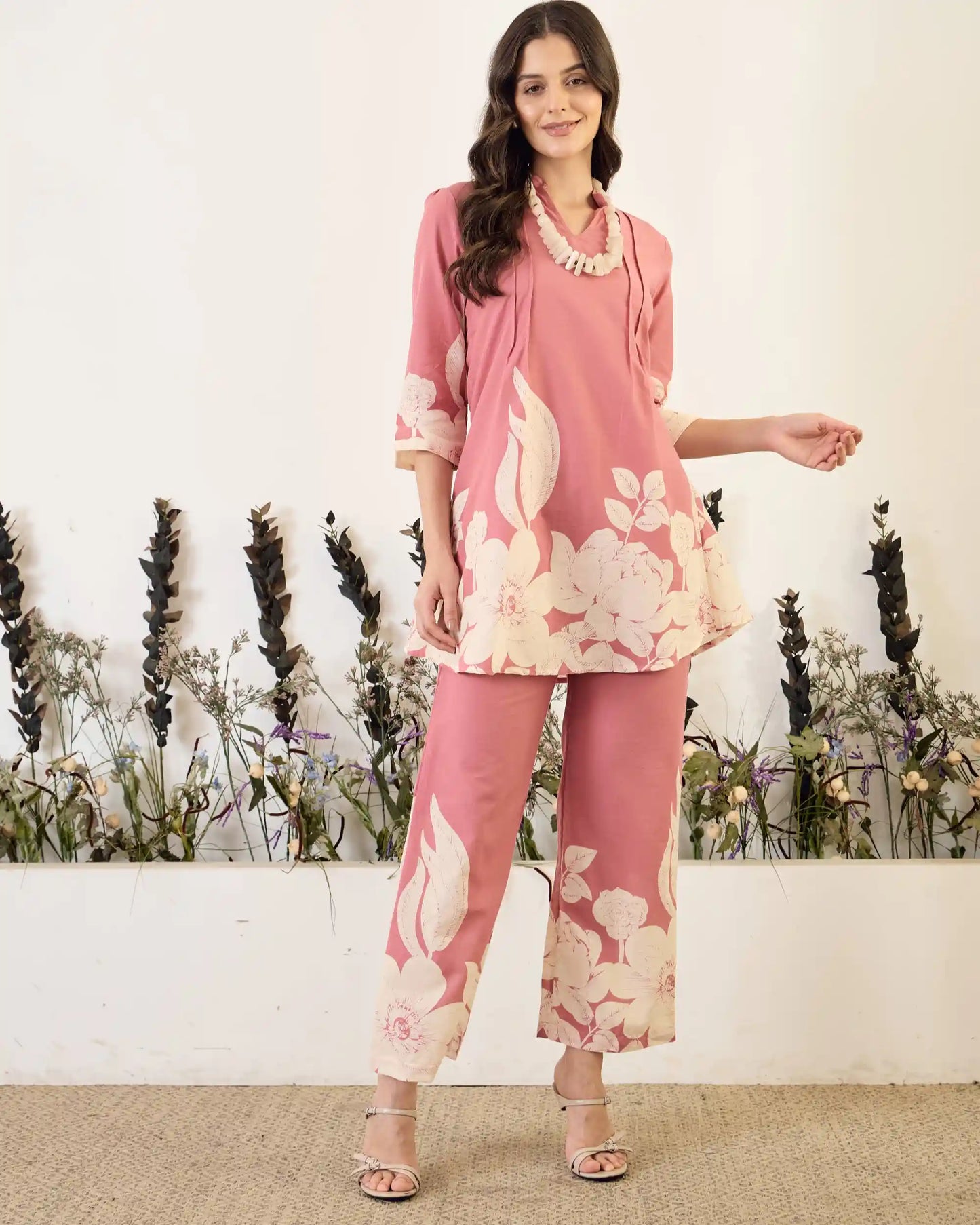 Pink Floral Pure Cotton Mandarin Neck Tunic & Ankle Pant Set
