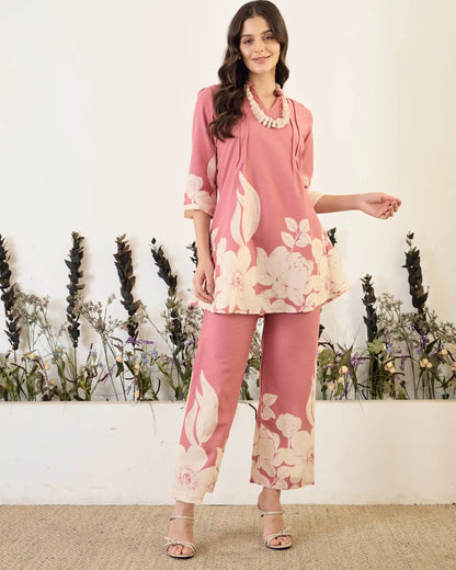 Pink Floral Pure Cotton Mandarin Neck Tunic & Ankle Pant Set