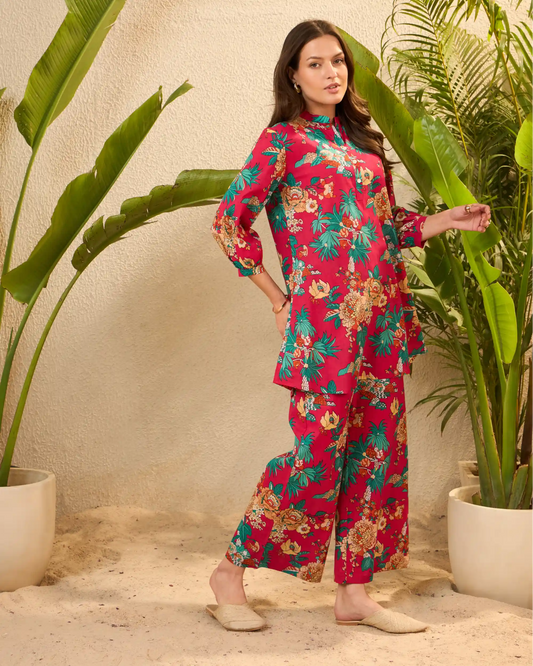 Pink Floral Pure Cotton Mandarin Neck Tunic & Palazzo Co-Ord Set