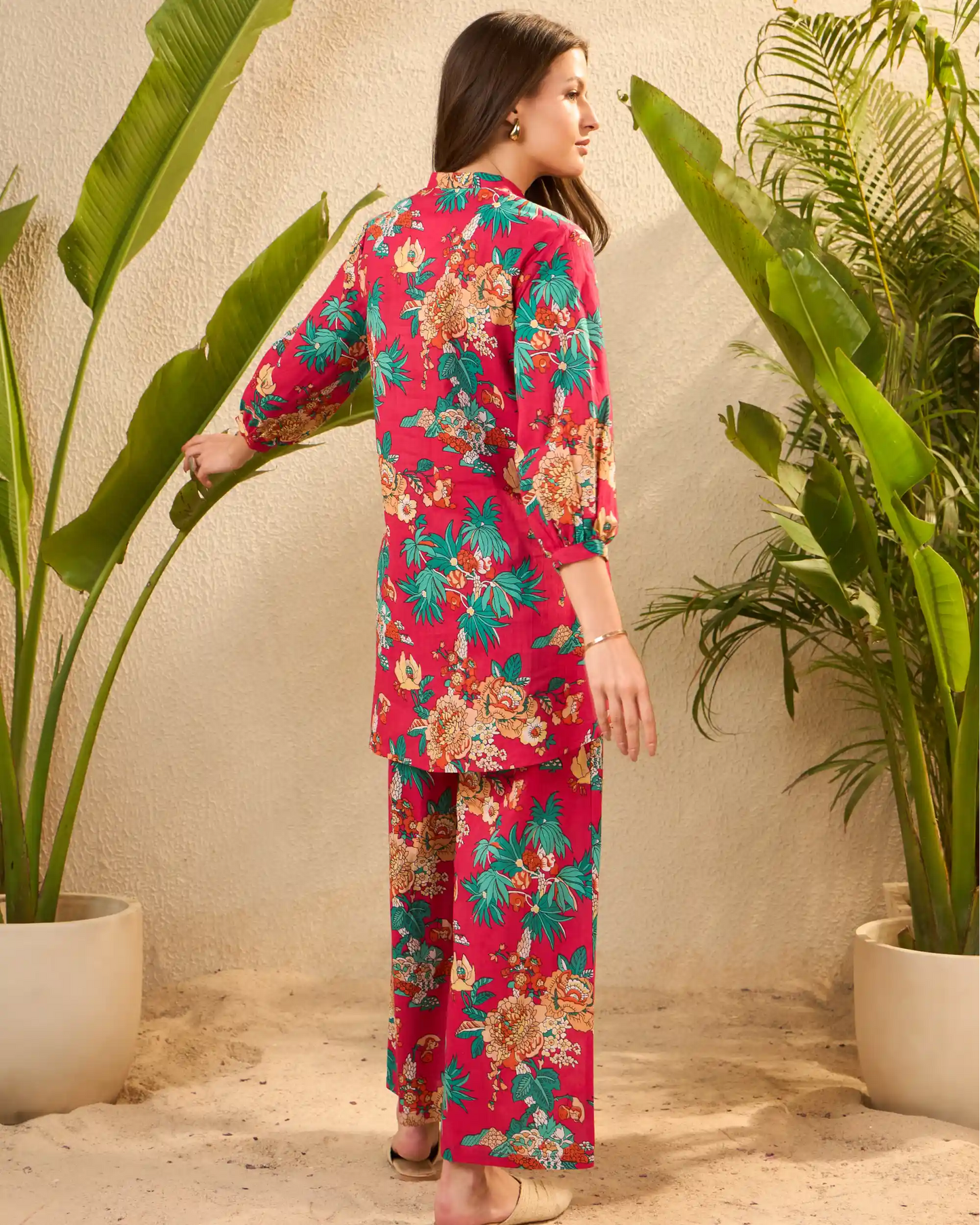 Pink Floral Pure Cotton Mandarin Neck Tunic & Palazzo Co-Ord Set