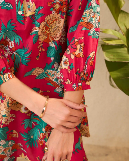 Pink Floral Pure Cotton Mandarin Neck Tunic & Palazzo Co-Ord Set