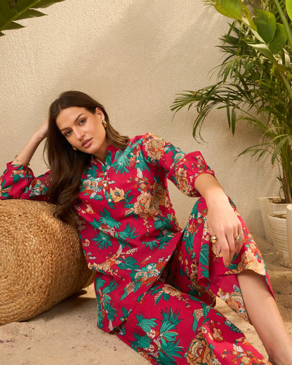 Pink Floral Pure Cotton Mandarin Neck Tunic & Palazzo Co-Ord Set