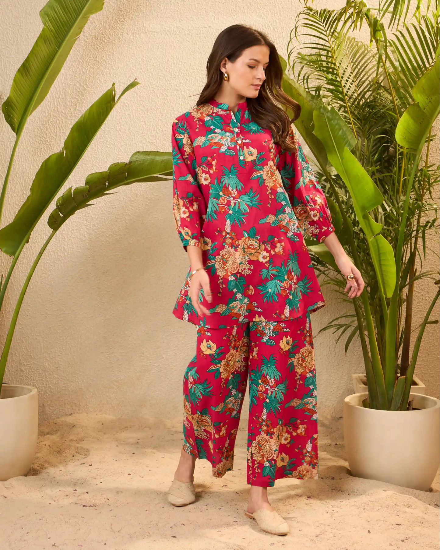 Pink Floral Pure Cotton Mandarin Neck Tunic & Palazzo Co-Ord Set