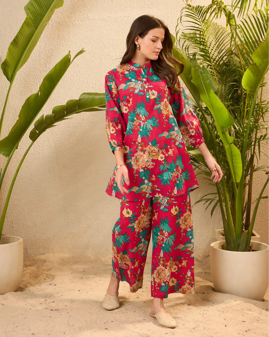 Pink Floral Pure Cotton Mandarin Neck Tunic & Palazzo Co-Ord Set