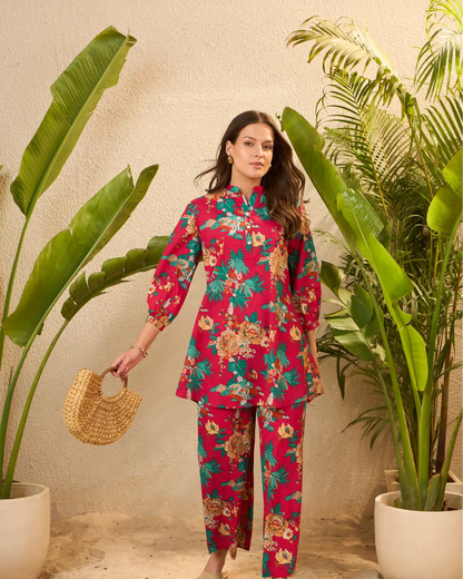 Pink Floral Pure Cotton Mandarin Neck Tunic & Palazzo Co-Ord Set