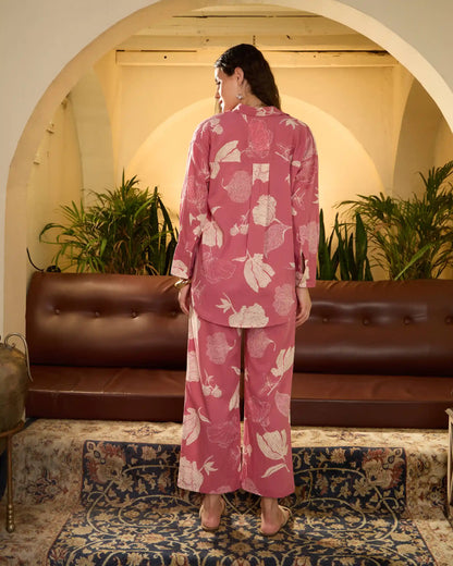 Pink Floral Pure Cotton Shirt Collar Co-Ord Set with Trousers