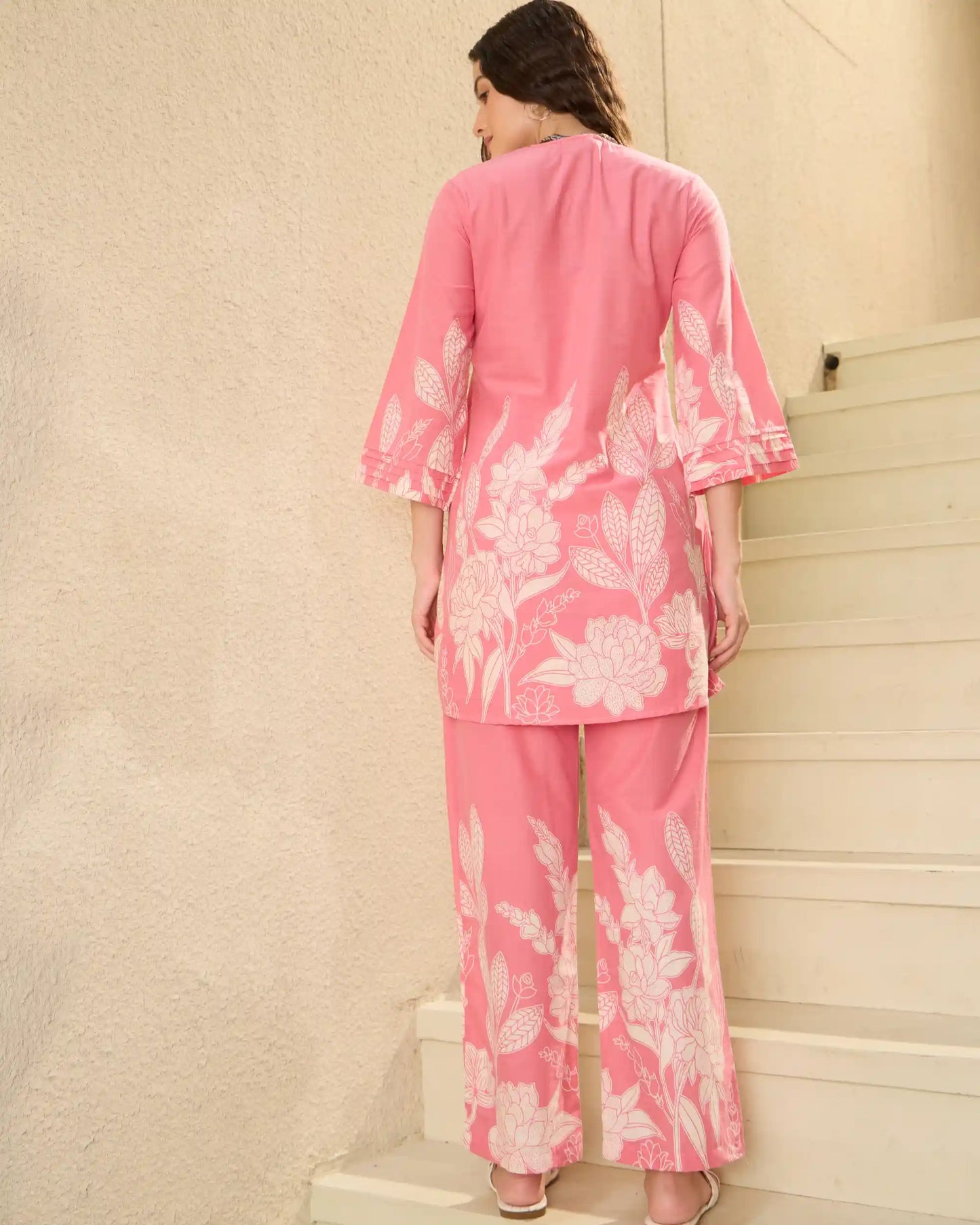 Pink Floral Pure Cotton V-Neck Tunic & Trouser Co-Ord Set