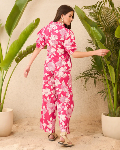 IMANA Pink Floral Printed Pure Cotton Shirt & Wide-Leg Trousers Co-Ord Set