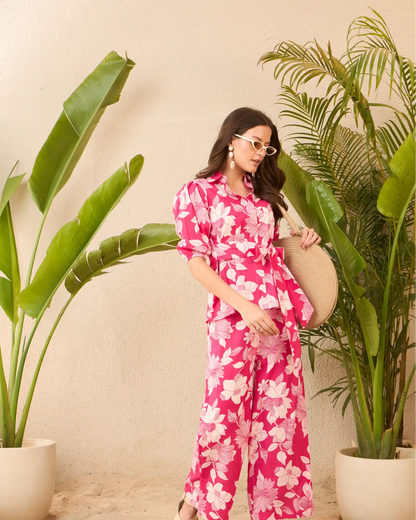 IMANA Pink Floral Printed Pure Cotton Shirt & Wide-Leg Trousers Co-Ord Set