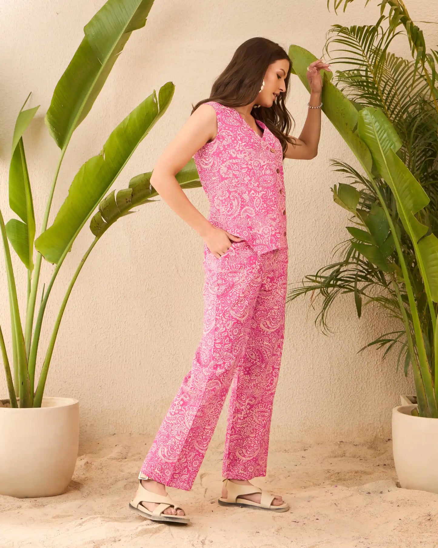 Pink Paisley Pure Cotton Sleeveless V-Neck Co-Ord Set