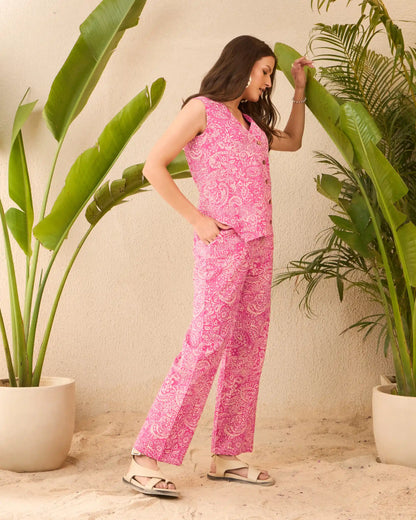 Pink Paisley Pure Cotton Sleeveless V-Neck Co-Ord Set