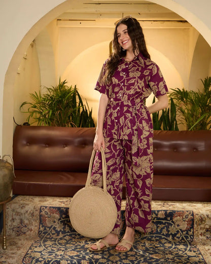 Purple Floral Pure Cotton Shirt Collar Co-Ord Set with Trousers