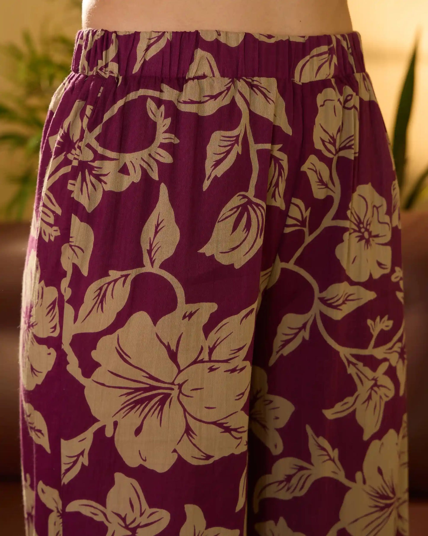 Purple Floral Pure Cotton Shirt Collar Co-Ord Set with Trousers