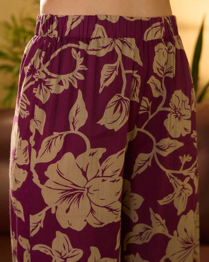 Purple Floral Pure Cotton Shirt Collar Co-Ord Set with Trousers