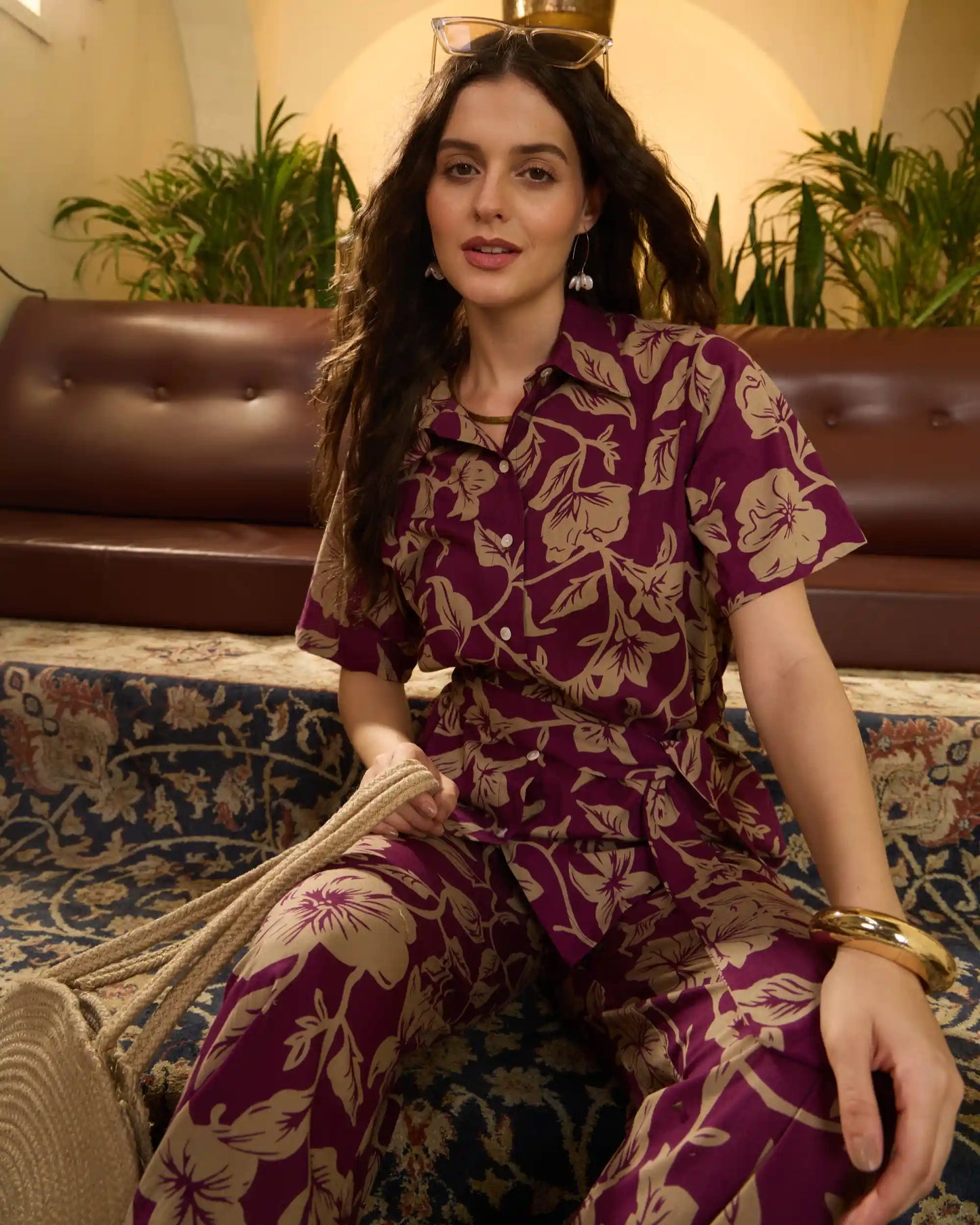 Purple Floral Pure Cotton Shirt Collar Co-Ord Set with Trousers