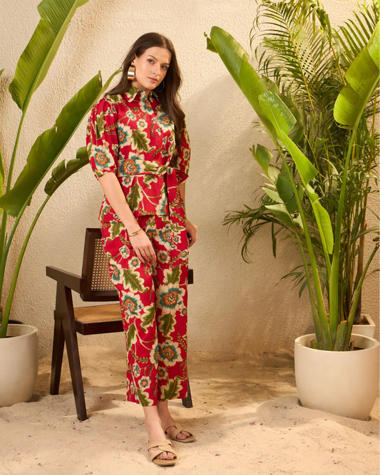 IMANA Red Floral Printed Pure Cotton Shirt & Trousers Co-Ord Set