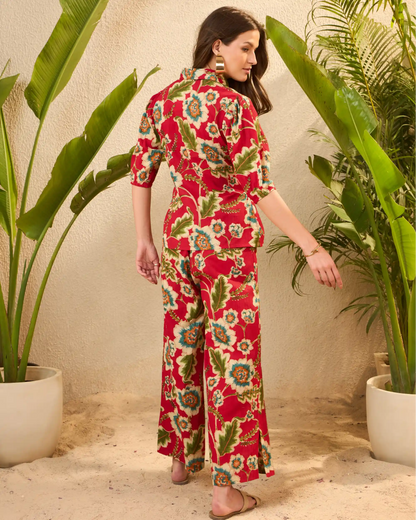 IMANA Red Floral Printed Pure Cotton Shirt & Trousers Co-Ord Set
