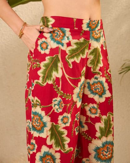 IMANA Red Floral Printed Pure Cotton Shirt & Trousers Co-Ord Set