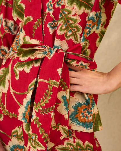 IMANA Red Floral Printed Pure Cotton Shirt & Trousers Co-Ord Set