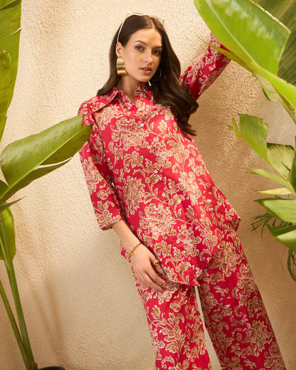 Red Floral Printed Pure Cotton Shirt & Trousers Co-Ord Set